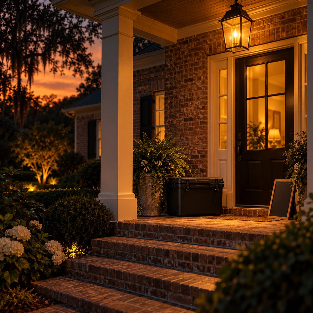 A porch light glowing over a cooler on a front porch at dusk
