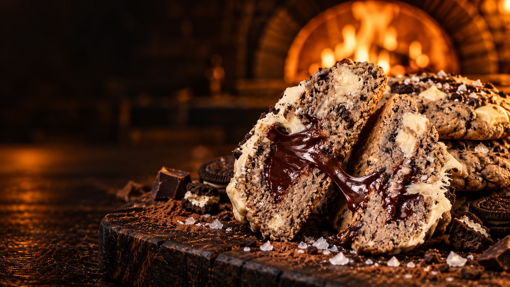 A stuffed cookies-and-cream cookie broken open with molten chocolate in front of a glowing brick oven